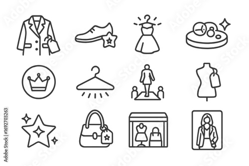 Fashion Line Icons. Line style icons of featured fashion: coat with ribbon tag, shoe with star label, dress on glow rack,