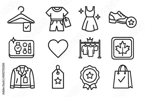 Fashion Icon Symbols. Line style icons of recommended fashion: hanger with checkmark label, outfit combo with tag, dress with glow