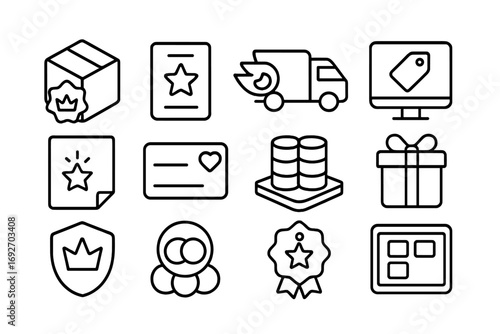 Subscription Icons Design. Line style icons of best subscriptions: box with crown badge, plan card with star, delivery icon with