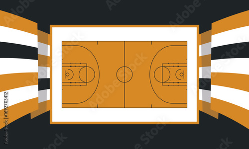 Basketball Court. Basketball design. Street sport art. Game Day. Basketball playoff. Final games. Team championship. Ball for Basketball. Sport creative poster. Modern graphic. Vector wallpaper