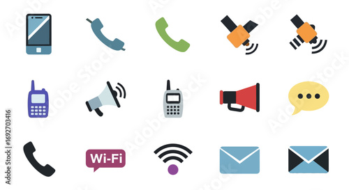 Colorful flat vector icon set for communication, featuring phones, satellites, Wi-Fi, and mail symbols.