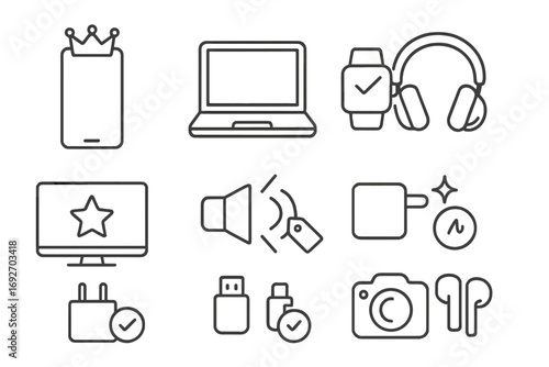 Top Electronics Icons. Line style icons of top electronics: smartphone with crown, laptop with label, smartwatch with glow,