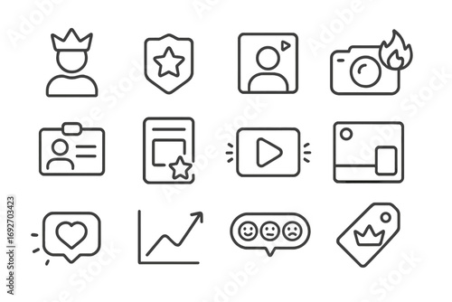 Influencer Line Icons. Line style icons of top influencers: user avatar with crown, social badge with star, content creator frame,