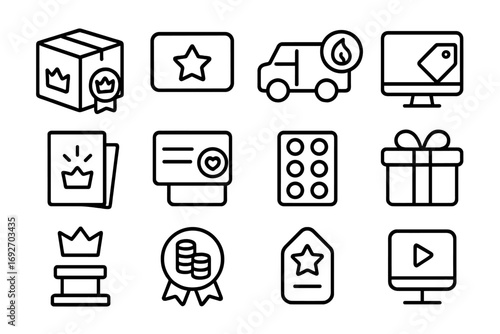 Subscription Icons Design. Line style icons of best subscriptions: box with crown badge, plan card with star, delivery icon with