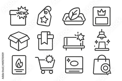 Product Line Style Icons. Line style icons of latest products: box with “new” spark, tag with star badge, fresh item tray, crown