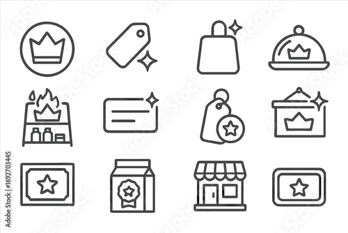 Top Brand Icons. Line style icons of best brands: logo with crown badge, brand label with glow, product with star tag, top brand