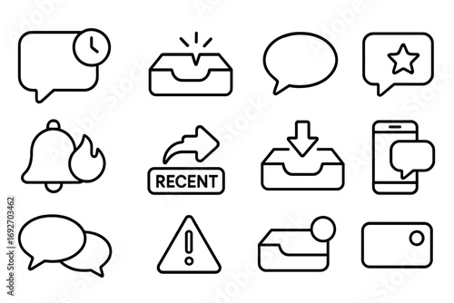 Line Style Message Icons. Line style icons of recent messages: chat bubble with clock badge, inbox tray with spark, message icon