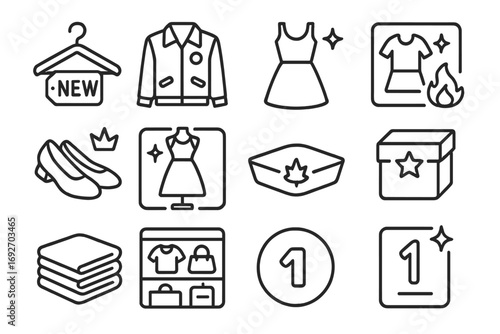Fashion Line Icons. Line style icons of latest fashion: hanger with “new” tag, jacket with badge, dress with sparkle label, outfit