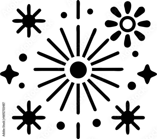 Hand-drawn monochrome doodle of a celestial explosion featuring a central sunburst, shining stars, and festive sparkling elements