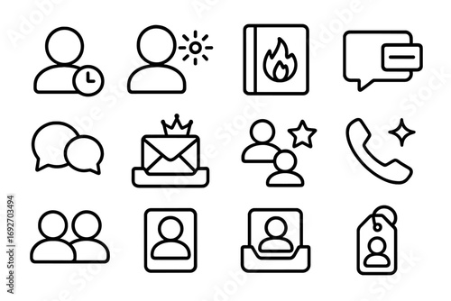 Line Style Contact Icons. Line style icons of recent contacts: user avatar with clock tag, profile with glow badge, phonebook with