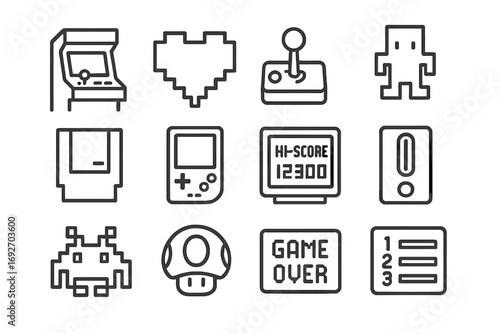 Retro Gaming Icons. Line style icons of retro gaming: arcade machine, pixel heart, retro joystick, 8-bit character; game cartridge