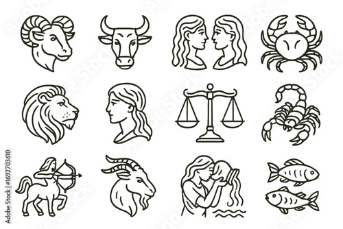 Vintage Zodiac Icons. Line style icons of vintage signs of the zodiac: Aries ram, Taurus bull, Gemini twins, Cancer crab; Leo lion