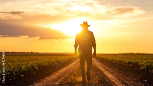 Man walking country road sunset