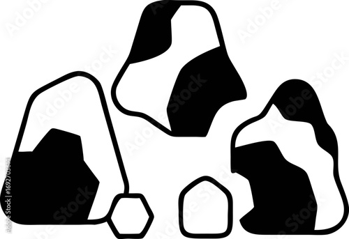 Abstract monochrome graphic illustration featuring jagged, organic-shaped elements, evocative of raw mineral fragments or stylized rock formations for diverse design projects