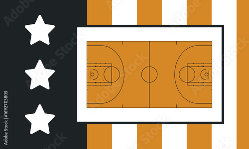 Basketball Court. Basketball design. Street sport art. Game Day. Basketball playoff. Final games. Team championship. Ball for Basketball. Sport creative poster. Modern graphic. Vector wallpaper