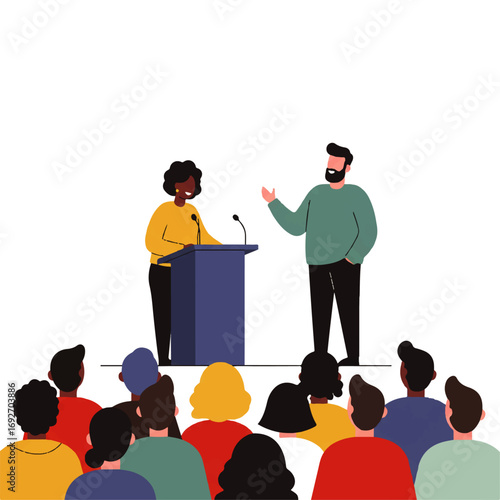 Illustration of a woman giving a speech at a podium while a man gestures beside her, with an audience watching.