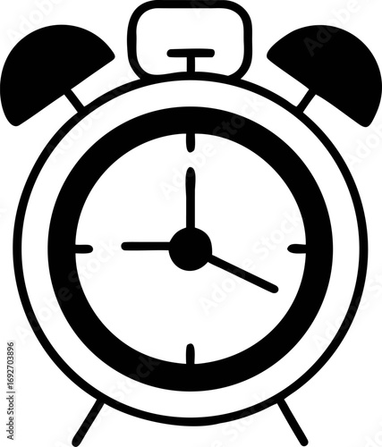 Minimalist alarm clock icon in black and white line art style. Vector illustration for concepts like time management, schedule, and deadlines. Ai eps