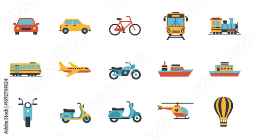 Set of colorful flat design transportation icons for land, air, and sea travel.