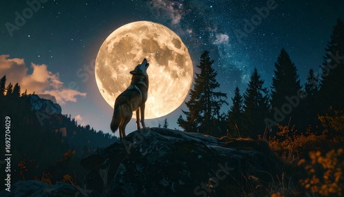 Majestic wolf howls at a full moon over a mountain forest