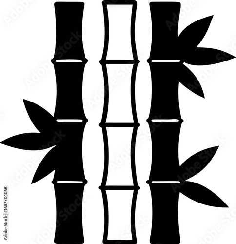 A minimalist black and white vector illustration of three bamboo stalks. A simple zen symbol or icon with leaves.