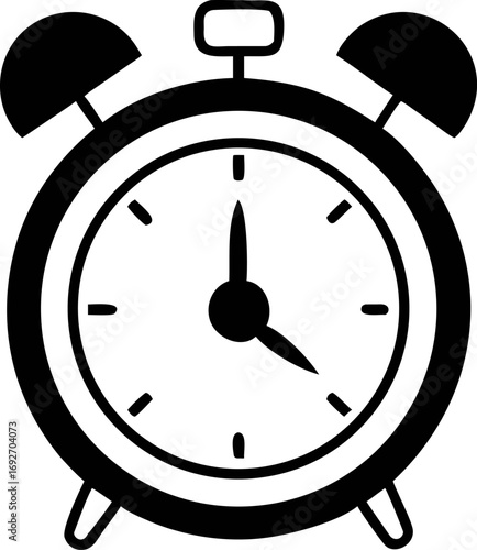 Monochrome vector illustration of a traditional twin bell alarm clock. A simple line art icon representing time, deadlines, and wake-up calls