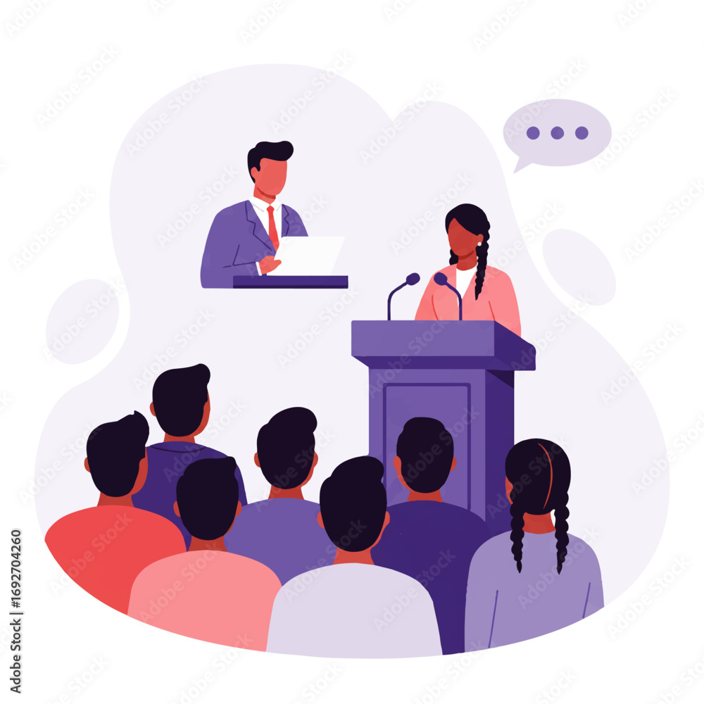 A woman gives a speech at a podium to an audience while a man stands behind her with a document, all in a stylized illustration.