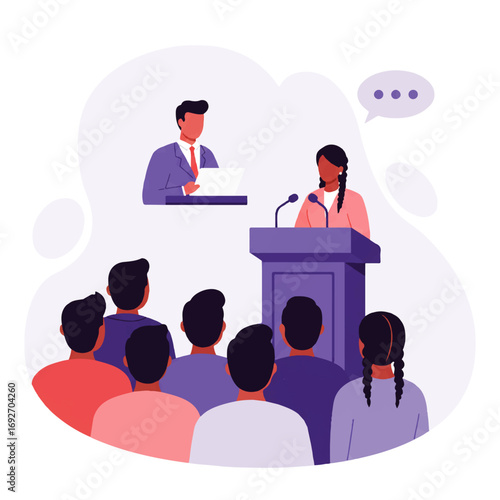 A woman gives a speech at a podium to an audience while a man stands behind her with a document, all in a stylized illustration.