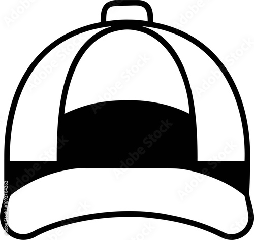 Minimalist black and white line art illustration of a classic baseball cap, ideal for diverse design projects needing a clean, versatile headwear icon