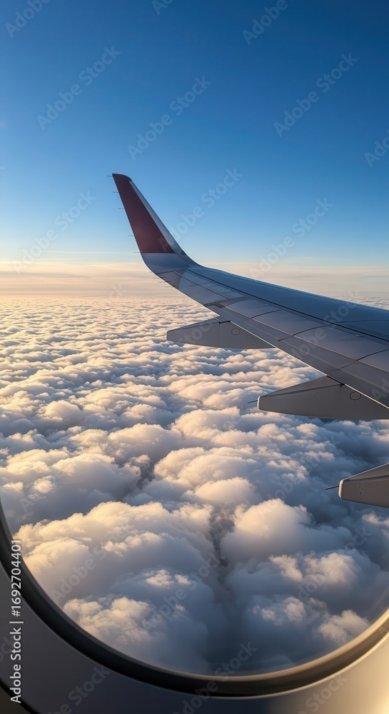 Obraz premium A tranquil view of fluffy clouds from an airplane window, showcasing a serene sky.