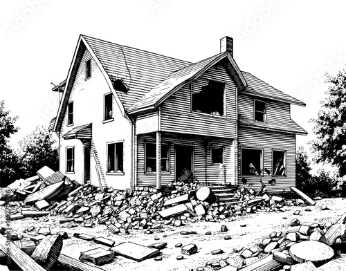 Destroyed house in linocut style, black and white, depicting desolation and decay