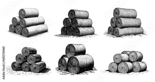 Hay bale stacks in woodcut style, black and white