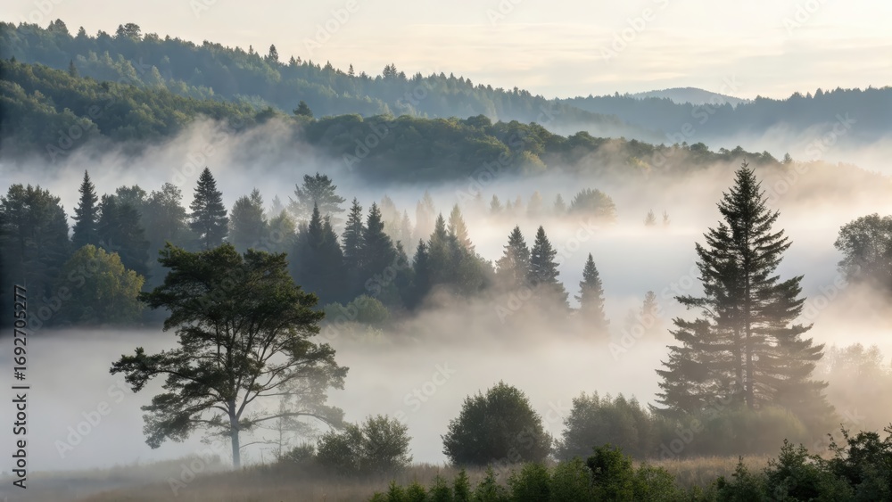 Fototapeta premium Misty morning landscape with vibrant green and soft gray tones