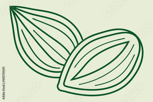 Two Green Almonds Outline on Light Yellow Background Keywords: almond, nuts, food, healthy, organic, raw