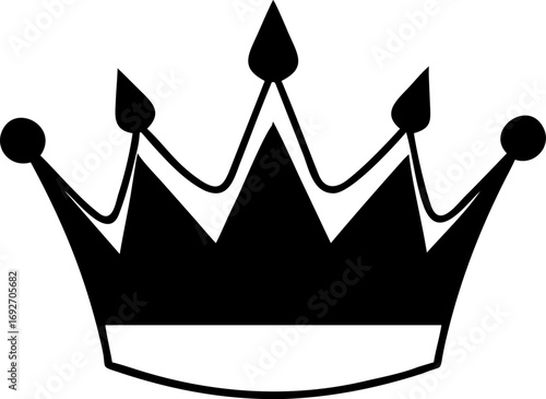A black and white graphic illustration of a royal crown with triangular points and a curved base, symbolizing power and royalty
