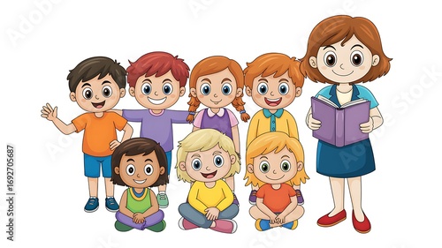 A diverse group of happy children and a teacher with a book isolated on white background