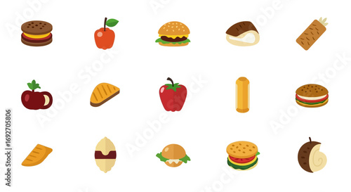 Colorful Flat-Style Food and Object Icons - Apples, Burgers, and More.