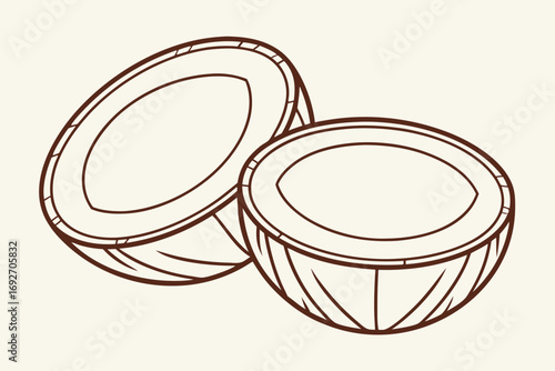 Two halves of a coconut with brown outline on a cream background fruit tropical