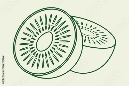 Two Halves of a Kiwi Fruit in Outline on Cream Background cross section