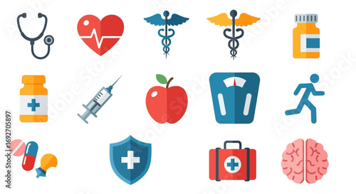 A vibrant collection of flat design icons representing healthcare, medicine, and wellness concepts.