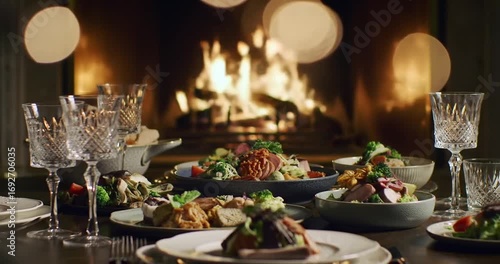 Elegant dining setting with gourmet food by fireplace