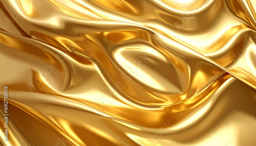 Close-up shot of luxurious golden fabric with elegant folds and shiny texture.