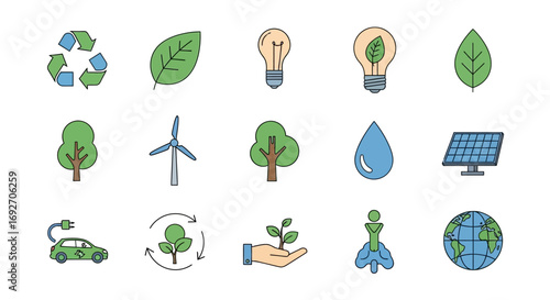 Set of colorful hand-drawn ecology icons featuring renewable energy, recycling, and nature symbols.