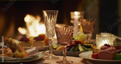 Elegant dinner setting by a cozy fireplace with desserts