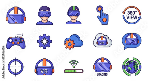 Collection of colorful line art icons representing virtual reality, gaming, and immersive technology concepts.