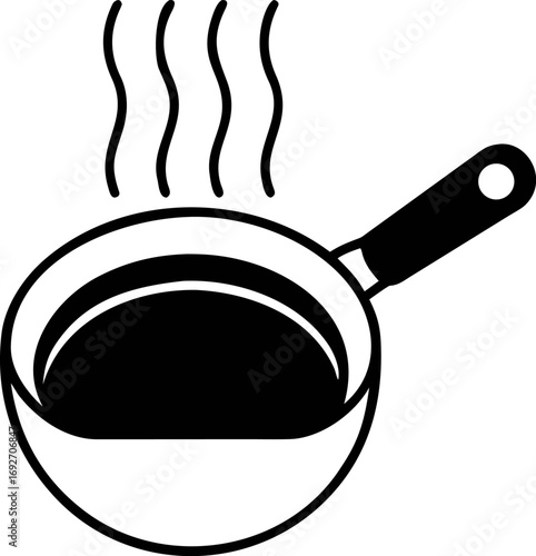 Minimalist vector graphic of a hot cooking pan with rising steam, ideal for depicting food preparation, kitchen tasks, and culinary designs