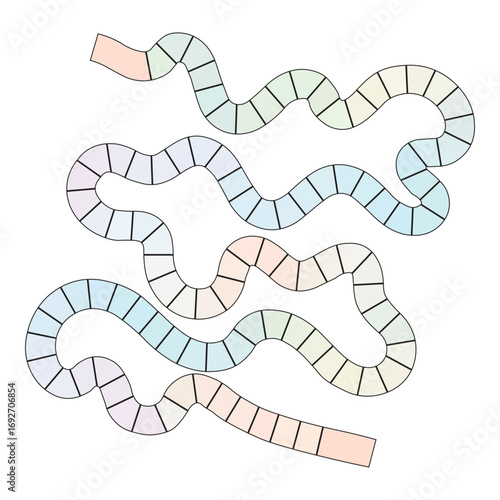 Colorful board game path vector illustration with winding track and square tiles
