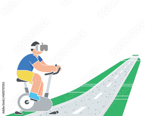 Vector illustration of man riding stationary bike with vr headset on road