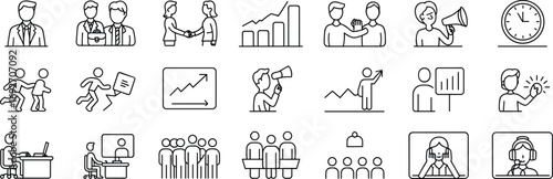 Business and teamwork icons for productivity, communication, management, leadership, meetings, presentations, growth, collaboration, strategy, remote work, and corporate success