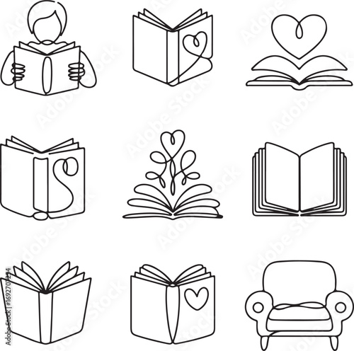 love, for, reading, and, literature, icon, set, in, a, continuous, line, art, style, for, libraries, bookstores, and, book, lovers, vector