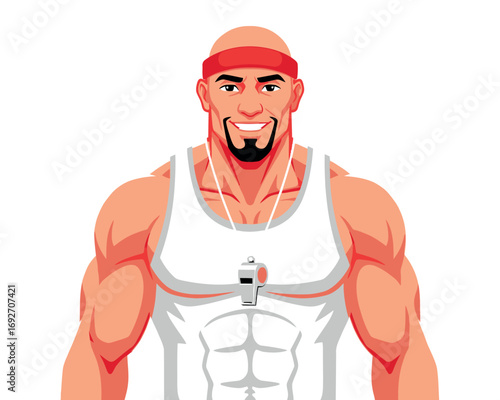 Vector illustration of muscular fitness coach with whistle